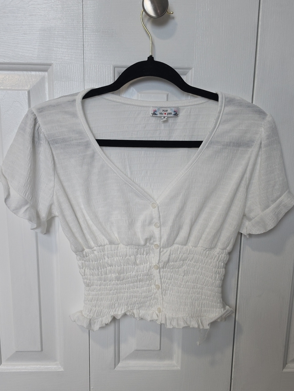 White Smocked Button-Front Crop Top